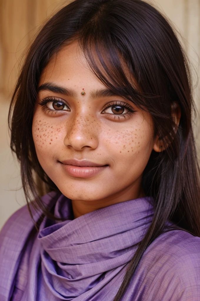 An India girl age 25, freckles under the eyes and on nose, medium size eyes, brown puple, simple smile, loose hair