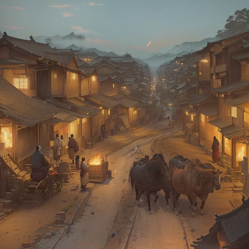 Painting of a cityscape with a horse-drawn carriage and buildings, Dreamy city in China, Carl Spitzwegにインスピレーションを得た, Painterly concept art, Old Asian Village, Written by Nie Yuanlu, Chinese Village, Carl Spitzweg. Unreal Engine, Beautiful renderings of the Tang Dynasty, by Shimo, Digital Painting Concept Art, Blazing flames by Zou Zhe, fire, crowd, throng, freezing, mother warming her baby.Scenery and Cityscape in the Early Meiji Era After the Meiji Restoration, Japan underwent rapid modernization and civilization. Consequently, many changes and reforms occurred. Below is a detailed explanation of the scenery, appearance of the poor, occupations, and cityscapes in the early Meiji period (1868 to the early 1880s). 2. Appearance of the Poor Life for the impoverished and lower classes remained harsh. In particular, in urban areas, people migrated from rural areas or unemployed artisans gathered, intensifying competition in the labor market. Many of them struggled with poverty, often residing in slums or around temples. 3. Occupations Meiji early Japan witnessed a diversification of occupations. Traditional agriculture and handicrafts were accompanied by the rise of modern industry and commerce. Particularly in urban areas, factory workers, shop clerks, and transporters increased, giving rise to new professions. However, many in these occupations endured harsh working conditions. 4. Influence of Civilization and Enlightenment During the Meiji era, Western cultural influences spread rapidly. Changes in clothing, dietary habits, and the proliferation of Western-style architecture advanced, especially in urban areas. Conversely, this development posed a threat to traditional culture and lifestyles, resulting in societal upheaval and adaptation challenges. 5. Social Change and Policy Influence While promoting modernization policies, the government also addressed poverty and social issues. Legislation for labor protection and charitable activities to aid the poor were implemented. Nevertheless, living conditions for the impoverished scarcely improved. The early Meiji period marked a rapid transformation in Japan, with complex 