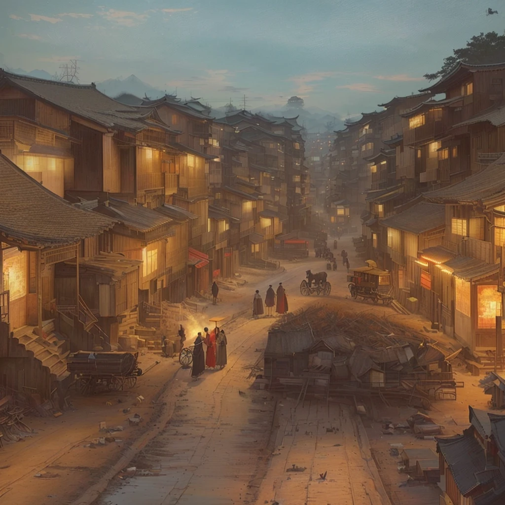 Painting of a cityscape with a horse-drawn carriage and buildings, Dreamy city in China, Carl Spitzwegにインスピレーションを得た, Painterly concept art, Old Asian Village, Written by Nie Yuanlu, Chinese Village, Carl Spitzweg. Unreal Engine, Beautiful renderings of the Tang Dynasty, by Shimo, Digital Painting Concept Art, Blazing flames by Zou Zhe, fire, crowd, throng, freezing, mother warming her baby.Scenery and Cityscape in the Early Meiji Era After the Meiji Restoration, Japan underwent rapid modernization and civilization. Consequently, many changes and reforms occurred. Below is a detailed explanation of the scenery, appearance of the poor, occupations, and cityscapes in the early Meiji period (1868 to the early 1880s). 2. Appearance of the Poor Life for the impoverished and lower classes remained harsh. In particular, in urban areas, people migrated from rural areas or unemployed artisans gathered, intensifying competition in the labor market. Many of them struggled with poverty, often residing in slums or around temples. 3. Occupations Meiji early Japan witnessed a diversification of occupations. Traditional agriculture and handicrafts were accompanied by the rise of modern industry and commerce. Particularly in urban areas, factory workers, shop clerks, and transporters increased, giving rise to new professions. However, many in these occupations endured harsh working conditions. 4. Influence of Civilization and Enlightenment During the Meiji era, Western cultural influences spread rapidly. Changes in clothing, dietary habits, and the proliferation of Western-style architecture advanced, especially in urban areas. Conversely, this development posed a threat to traditional culture and lifestyles, resulting in societal upheaval and adaptation challenges. 5. Social Change and Policy Influence While promoting modernization policies, the government also addressed poverty and social issues. Legislation for labor protection and charitable activities to aid the poor were implemented. Nevertheless, living conditions for the impoverished scarcely improved. The early Meiji period marked a rapid transformation in Japan, with complex 