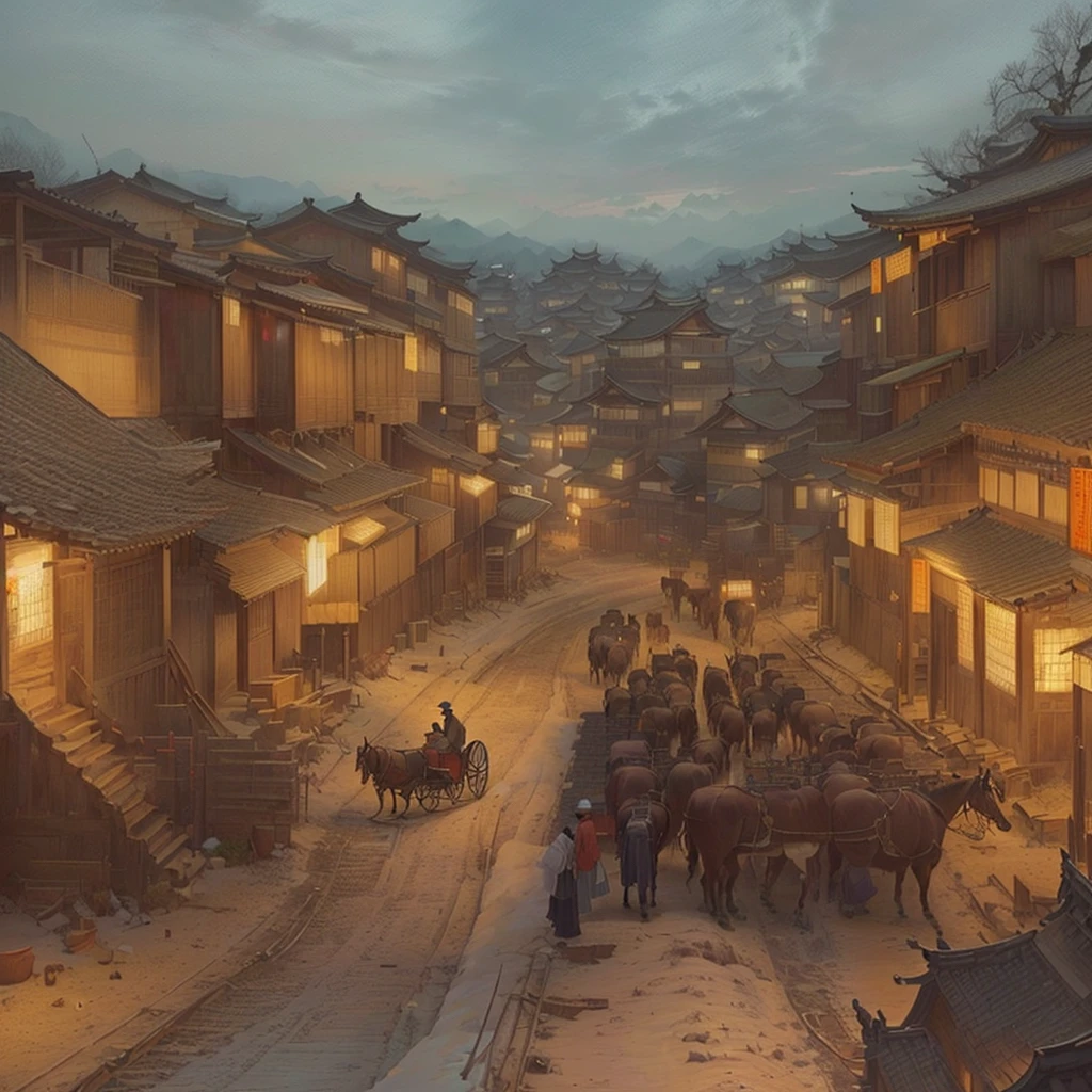 Painting of a cityscape with a horse-drawn carriage and buildings, Dreamy city in China, Carl Spitzwegにインスピレーションを得た, Painterly concept art, Old Asian Village, Written by Nie Yuanlu, Chinese Village, Carl Spitzweg. Unreal Engine, Beautiful renderings of the Tang Dynasty, by Shimo, Digital Painting Concept Art, Blazing flames by Zou Zhe, fire, crowd, throng, freezing, mother warming her baby.Scenery and Cityscape in the Early Meiji Era After the Meiji Restoration, Japan underwent rapid modernization and civilization. Consequently, many changes and reforms occurred. Below is a detailed explanation of the scenery, appearance of the poor, occupations, and cityscapes in the early Meiji period (1868 to the early 1880s). 2. Appearance of the Poor Life for the impoverished and lower classes remained harsh. In particular, in urban areas, people migrated from rural areas or unemployed artisans gathered, intensifying competition in the labor market. Many of them struggled with poverty, often residing in slums or around temples. 3. Occupations Meiji early Japan witnessed a diversification of occupations. Traditional agriculture and handicrafts were accompanied by the rise of modern industry and commerce. Particularly in urban areas, factory workers, shop clerks, and transporters increased, giving rise to new professions. However, many in these occupations endured harsh working conditions. 4. Influence of Civilization and Enlightenment During the Meiji era, Western cultural influences spread rapidly. Changes in clothing, dietary habits, and the proliferation of Western-style architecture advanced, especially in urban areas. Conversely, this development posed a threat to traditional culture and lifestyles, resulting in societal upheaval and adaptation challenges. 5. Social Change and Policy Influence While promoting modernization policies, the government also addressed poverty and social issues. Legislation for labor protection and charitable activities to aid the poor were implemented. Nevertheless, living conditions for the impoverished scarcely improved. The early Meiji period marked a rapid transformation in Japan, with complex
