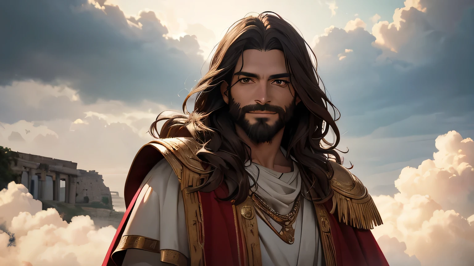 In the clouds, highly detailed photorealistic portrait of Jesus with red cape, black beard, light brown eyes, smiling, dressed in ancient Roman warrior clothing from the 4th century BC. C., standing in the clouds, spectacular lighting, cinema, digital art. hyperrealistic, 8k