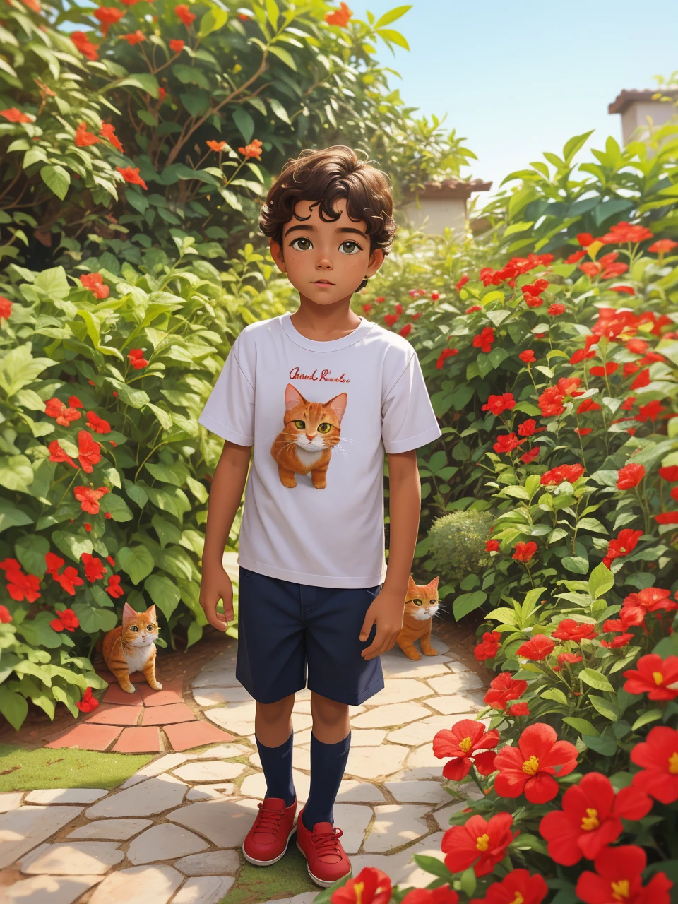 Retrato realista de um menino de sete anos, Ele usa uma camisa vermelha . Your face is and exploratory . Ele sai cautelosamente para o jardim da casa,  A small cat is among the bushes and he touches it cautiously ,Not facing the camera,, Hair is messy , 