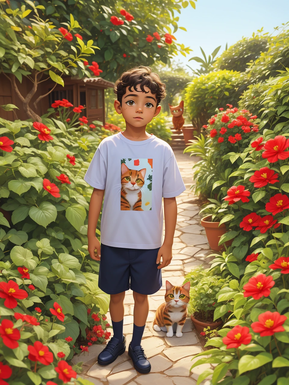 Retrato realista de um de sete anos, Ele usa uma camisa vermelha . Your face is and exploratory . Ele sai cautelosamente para o jardim da casa, A small cat is among the bushes and he touches it cautiously ,Not facing the camera,, Hair is messy ,