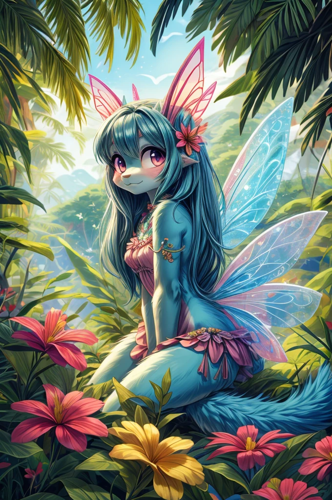 Best Quality, mesa, cute fairy girl, fairy wings, long light blue fur、two-tailed、En la mysterysa jungla, foliage, Tropical, kawaii, mystery, magical, Animales míticos y mariposas mysterysas., Exotic flowers