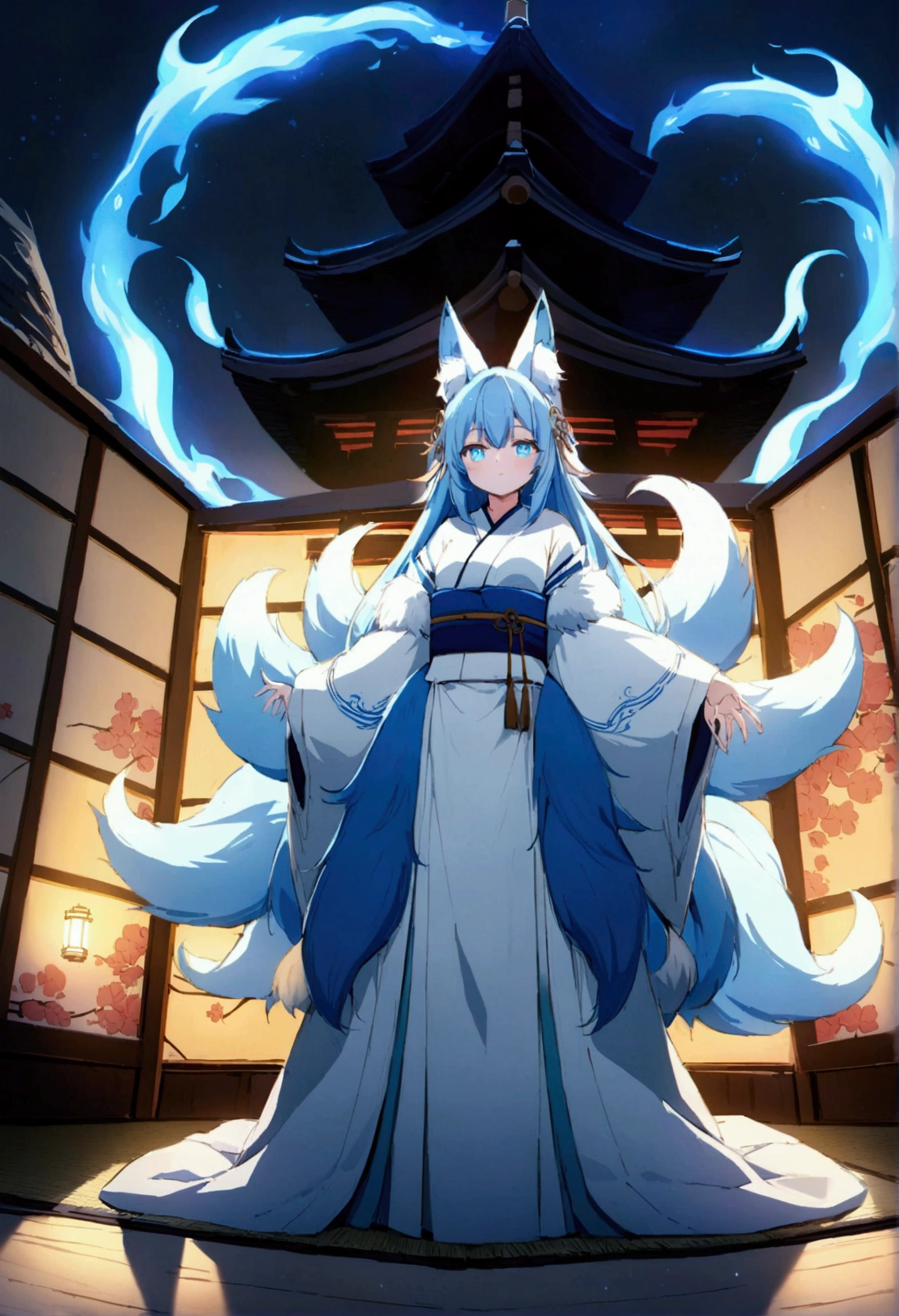 fox Light blue hair beast girl indigo fur fox beast girl fox Light blue hair beast girl indigo fur fox beast girl Wallpaper 4k,8k,highly detailled,,vivid colors,detailed kitsune with 9 tails,traditional Japanese artwork,tatami floor,beautiful cherry blossoms,floating lanterns,dark silhouette of a pagoda,subtle moonlight,dense forest,ethereal atmosphere,dappled sunlight,whimsical spirit,serene expression,elaborate kimono and obi,delicate hand-painted details,luminous eyes Anime Style fox blue White-faced golden-haired nine-tailed fox Coat blue fox Light blue hair beast girl indigo fur fox beast girl Anime Style fox blue White-faced golden-haired nine-tailed fox Coat blue mysterious background Blue Flame girl have a ball of light fox Light blue hair beast girl indigo fur fox beast girl mysterious background Blue Flame girl have a ball of light Anime Style fox blue White-faced golden-haired nine-tailed fox Coat blue mysterious background Blue Flame girl have a ball of light