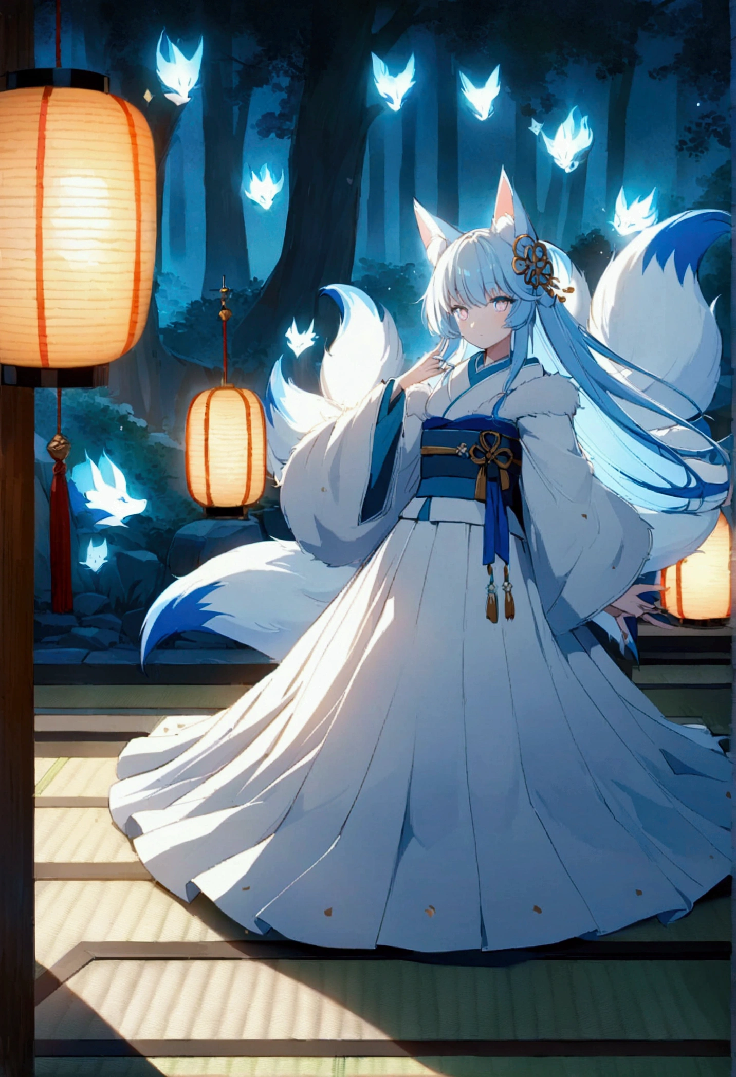fox Light blue hair beast girl indigo fur fox beast girl fox Light blue hair beast girl indigo fur fox beast girl Wallpaper 4k,8k,highly detailled,,vivid colors,detailed kitsune with 9 tails,traditional Japanese artwork,tatami floor,beautiful cherry blossoms,floating lanterns,dark silhouette of a pagoda,subtle moonlight,dense forest,ethereal atmosphere,dappled sunlight,whimsical spirit,serene expression,elaborate kimono and obi,delicate hand-painted details,luminous eyes Anime Style fox blue White-faced golden-haired nine-tailed fox Coat blue fox Light blue hair beast girl indigo fur fox beast girl Anime Style fox blue White-faced golden-haired nine-tailed fox Coat blue mysterious background Blue Flame girl have a ball of light fox Light blue hair beast girl indigo fur fox beast girl mysterious background Blue Flame girl have a ball of light Anime Style fox blue White-faced golden-haired nine-tailed fox Coat blue mysterious background Blue Flame girl have a ball of light