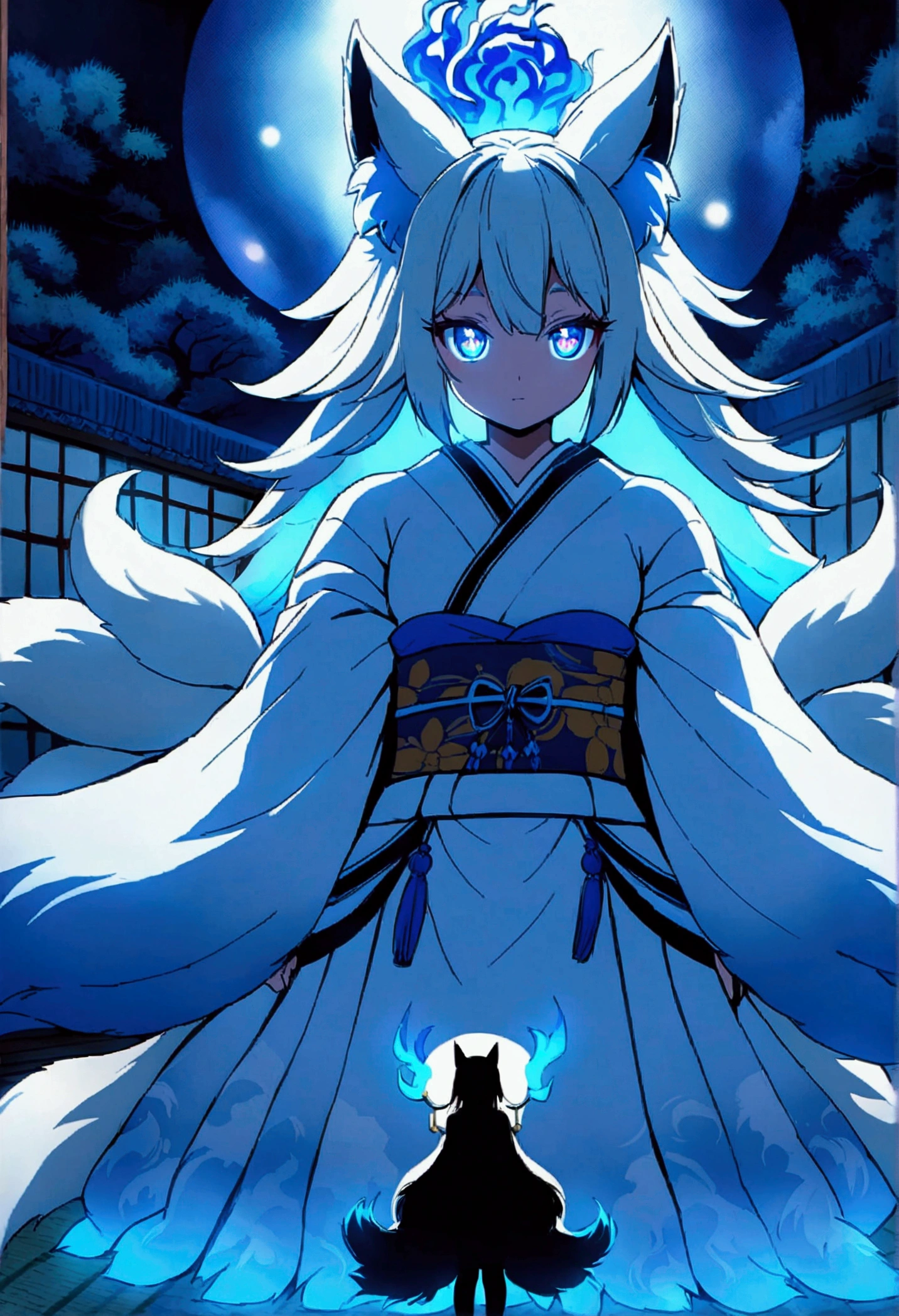 fox Light blue hair beast girl indigo fur fox beast girl fox Light blue hair beast girl indigo fur fox beast girl Wallpaper 4k,8k,highly detailled,,vivid colors,detailed kitsune with 9 tails,traditional Japanese artwork,tatami floor,beautiful cherry blossoms,floating lanterns,dark silhouette of a pagoda,subtle moonlight,dense forest,ethereal atmosphere,dappled sunlight,whimsical spirit,serene expression,elaborate kimono and obi,delicate hand-painted details,luminous eyes Anime Style fox blue White-faced golden-haired nine-tailed fox Coat blue fox Light blue hair beast girl indigo fur fox beast girl Anime Style fox blue White-faced golden-haired nine-tailed fox Coat blue mysterious background Blue Flame girl have a ball of light fox Light blue hair beast girl indigo fur fox beast girl mysterious background Blue Flame girl have a ball of light Anime Style fox blue White-faced golden-haired nine-tailed fox Coat blue mysterious background Blue Flame girl have a ball of light