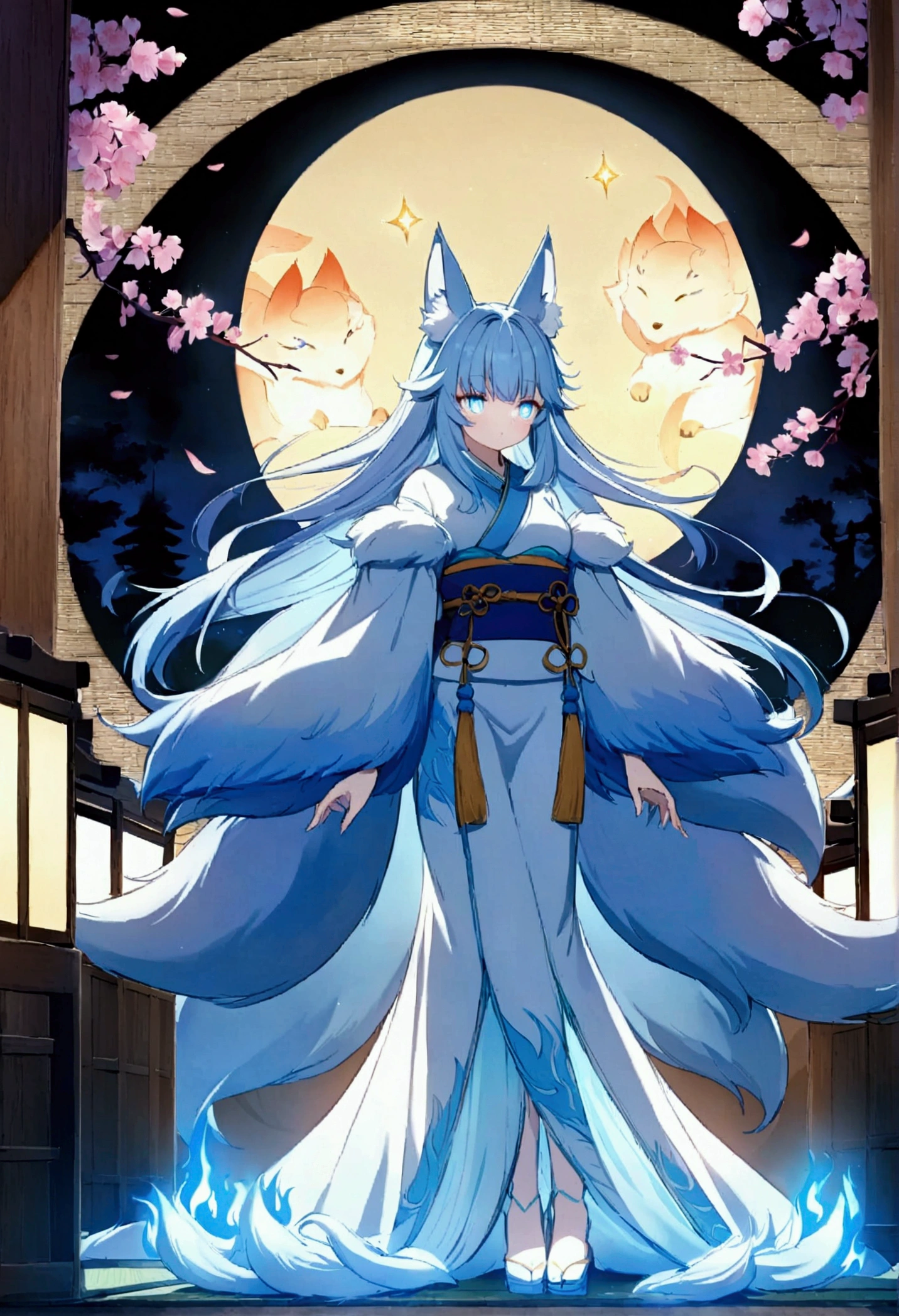 fox Light blue hair 　beast girl　indigo fur　fox beast girl　fox Light blue hair 　beast girl　indigo fur　fox beast girl　Wallpaper 4k,8k,highly detailled,,vivid colors,detailed kitsune with 9 tails,traditional Japanese artwork,tatami floor,beautiful cherry blossoms,floating lanterns,dark silhouette of a pagoda,subtle moonlight,dense forest,ethereal atmosphere,dappled sunlight,whimsical spirit,serene expression,elaborate kimono and obi,delicate hand-painted details,luminous eyes　Anime Style　fox　blue　White-faced golden-haired nine-tailed fox　Coat blue　　fox Light blue hair 　beast girl　indigo fur　fox beast girl　Anime Style　fox　blue　White-faced golden-haired nine-tailed fox　Coat blue　　　mysterious background　Blue Flame　girl　have a ball of light　fox Light blue hair 　beast girl　indigo fur　fox beast girl　mysterious background　Blue Flame　girl　have a ball of light Anime Style　fox　blue　White-faced golden-haired nine-tailed fox　Coat blue　　　mysterious background　Blue Flame　girl　have a ball of light