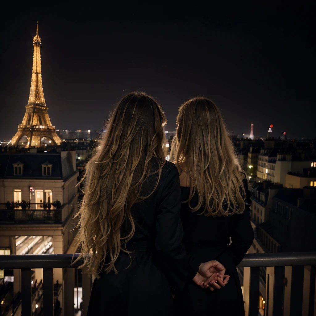Nighttime photograph featuring a woman with long, wavy blonde hair, wearing a black dress, standing on a balcony. She is facing away from the camera, looking towards the illuminated Eiffel Tower in the distance. The scene is set in an urban environment with classic Parisian architecture, including a multi-story building with balconies and ornate details on the left. The sky is dark, and the Eiffel Tower is brightly lit, creating a striking contrast against the night. The overall mood is serene and contemplative.