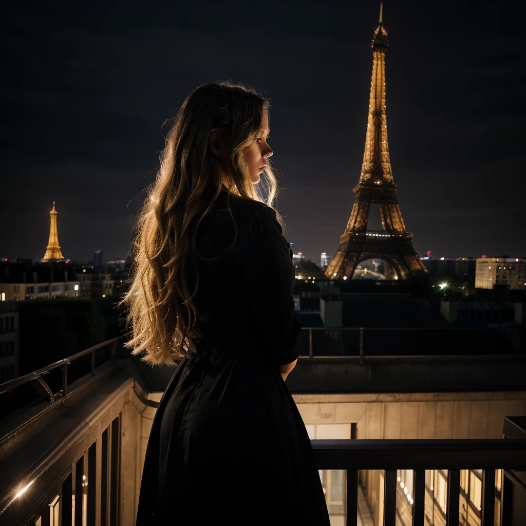 Nighttime photograph featuring a woman with long, wavy blonde hair, wearing a black dress, standing on a balcony. She is facing away from the camera, looking towards the illuminated Eiffel Tower in the distance. The scene is set in an urban environment with classic Parisian architecture, including a multi-story building with balconies and ornate details on the left. The sky is dark, and the Eiffel Tower is brightly lit, creating a striking contrast against the night. The overall mood is serene and contemplative.