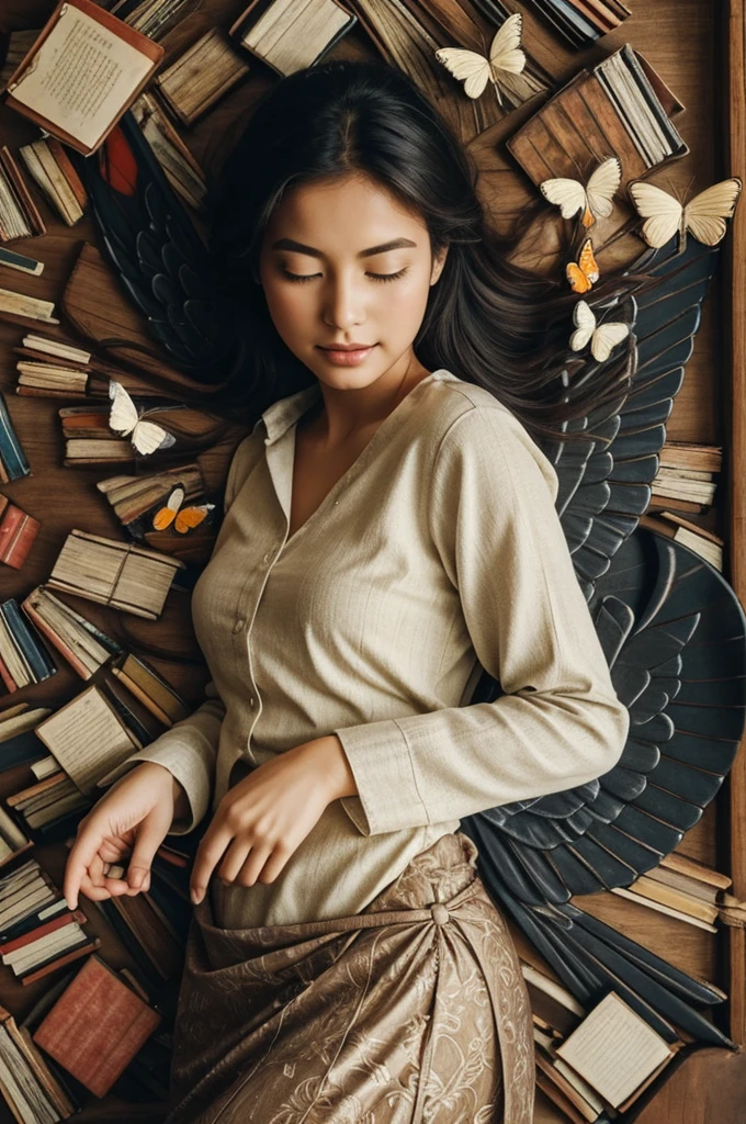 Imagine a female figure with eyes closed and lips sealed in a serene expression, surrounded by open books with pages that seem to unfold like wings, with words that float in the air like butterflies. 