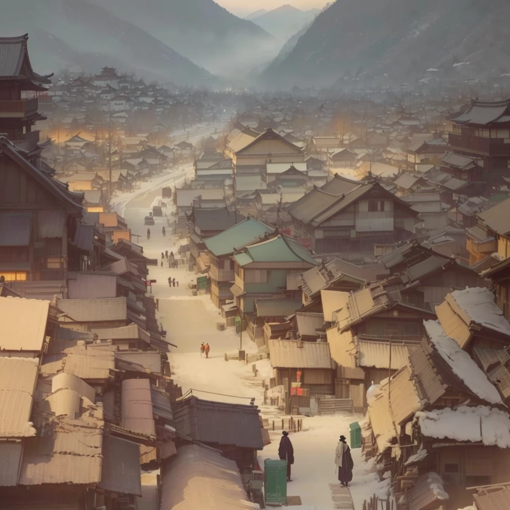 Animated scene of people walking on a city street, Digital Painting Concept Art, illustration concept art, イスマイル・インチェオグルとLuan Jia, Concept Art Wallpaper 4K, Painterly concept art, Chinese Village, High quality digital concept art, Dreamy city in China, Luan Jia, Concept Art Digital Illustration, Blazing flames inspired by Chung Fenghua, fire, crowd, throng, freezing, mother warming her baby.Scenery and Cityscape in the Early Meiji Era After the Meiji Restoration, Japan underwent rapid modernization and civilization. Consequently, many changes and reforms occurred. Below is a detailed explanation of the scenery, appearance of the poor, occupations, and cityscapes in the early Meiji period (1868 to the early 1880s). 2. Appearance of the Poor Life for the impoverished and lower classes remained harsh. In particular, in urban areas, people migrated from rural areas or unemployed artisans gathered, intensifying competition in the labor market. Many of them struggled with poverty, often residing in slums or around temples. 3. Occupations Meiji early Japan witnessed a diversification of occupations. Traditional agriculture and handicrafts were accompanied by the rise of modern industry and commerce. Particularly in urban areas, factory workers, shop clerks, and transporters increased, giving rise to new professions. However, many in these occupations endured harsh working conditions. 4. Influence of Civilization and Enlightenment During the Meiji era, Western cultural influences spread rapidly. Changes in clothing, dietary habits, and the proliferation of Western-style architecture advanced, especially in urban areas. Conversely, this development posed a threat to traditional culture and lifestyles, resulting in societal upheaval and adaptation challenges. 5. Social Change and Policy Influence While promoting modernization policies, the government also addressed poverty and social issues. Legislation for labor protection and charitable activities to aid the poor were implemented. Nevertheless, living conditions for the impoverished scarcely improved. The early Meiji period marked a rapid transformation
