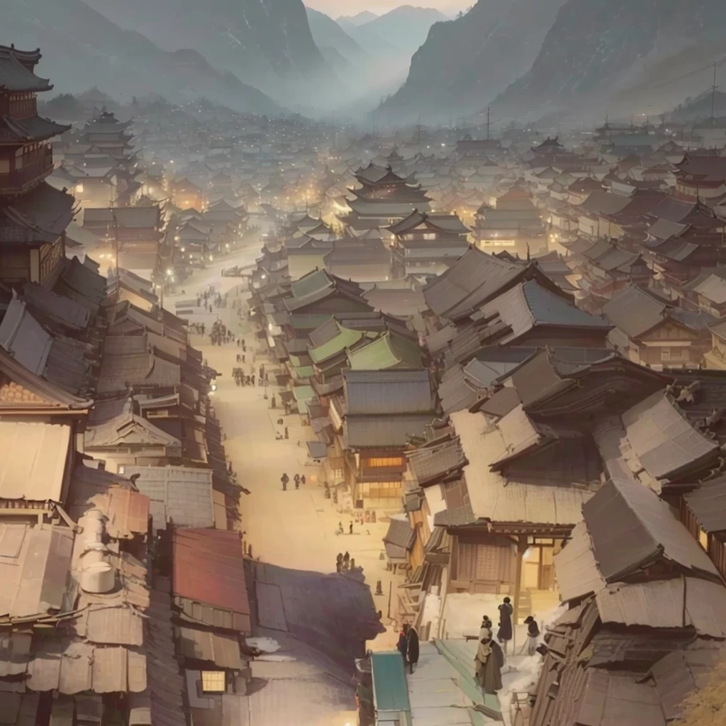 Animated scene of people walking on a city street, Digital Painting Concept Art, illustration concept art, イスマイル・インチェオグルとLuan Jia, Concept Art Wallpaper 4K, Painterly concept art, Chinese Village, High quality digital concept art, Dreamy city in China, Luan Jia, Concept Art Digital Illustration, Blazing flames inspired by Chung Fenghua, fire, crowd, throng, freezing, mother warming her baby.Scenery and Cityscape in the Early Meiji Era After the Meiji Restoration, Japan underwent rapid modernization and civilization. Consequently, many changes and reforms occurred. Below is a detailed explanation of the scenery, appearance of the poor, occupations, and cityscapes in the early Meiji period (1868 to the early 1880s). 2. Appearance of the Poor Life for the impoverished and lower classes remained harsh. In particular, in urban areas, people migrated from rural areas or unemployed artisans gathered, intensifying competition in the labor market. Many of them struggled with poverty, often residing in slums or around temples. 3. Occupations Meiji early Japan witnessed a diversification of occupations. Traditional agriculture and handicrafts were accompanied by the rise of modern industry and commerce. Particularly in urban areas, factory workers, shop clerks, and transporters increased, giving rise to new professions. However, many in these occupations endured harsh working conditions. 4. Influence of Civilization and Enlightenment During the Meiji era, Western cultural influences spread rapidly. Changes in clothing, dietary habits, and the proliferation of Western-style architecture advanced, especially in urban areas. Conversely, this development posed a threat to traditional culture and lifestyles, resulting in societal upheaval and adaptation challenges. 5. Social Change and Policy Influence While promoting modernization policies, the government also addressed poverty and social issues. Legislation for labor protection and charitable activities to aid the poor were implemented. Nevertheless, living conditions for the impoverished scarcely improved. The early Meiji period marked a rapid transformation