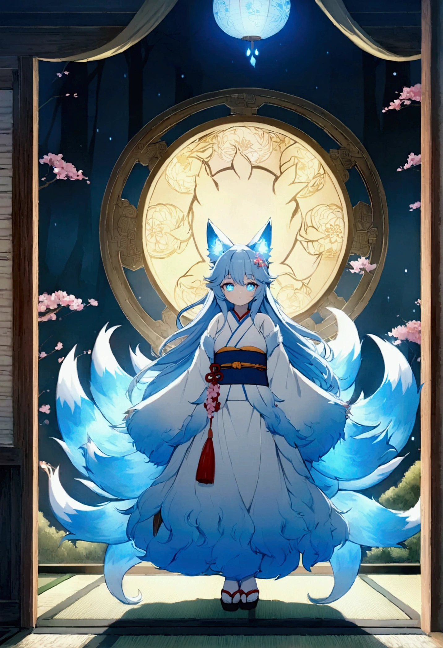 fox Light blue hair 　beast girl　indigo fur　fox beast girl　fox Light blue hair 　beast girl　indigo fur　fox beast girl　Wallpaper 4k,8k,highly detailled,,vivid colors,detailed kitsune with 9 tails,traditional Japanese artwork,tatami floor,beautiful cherry blossoms,floating lanterns,dark silhouette of a pagoda,subtle moonlight,dense forest,ethereal atmosphere,dappled sunlight,whimsical spirit,serene expression,elaborate kimono and obi,delicate hand-painted details,luminous eyes　Anime Style　fox　blue　White-faced golden-haired nine-tailed fox　Coat blue　　fox Light blue hair 　beast girl　indigo fur　fox beast girl　Anime Style　fox　blue　White-faced golden-haired nine-tailed fox　Coat blue　　　mysterious background　Blue Flame　girl　have a ball of light　fox Light blue hair 　beast girl　indigo fur　fox beast girl　mysterious background　Blue Flame　girl　have a ball of light Anime Style　fox　blue　White-faced golden-haired nine-tailed fox　Coat blue　　　mysterious background　Blue Flame　girl　have a ball of light