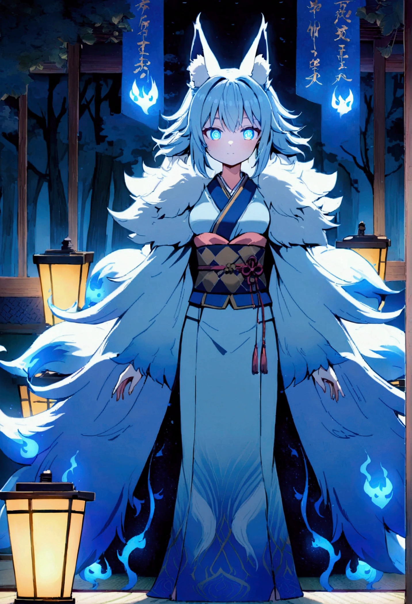 fox Light blue hair 　beast girl　indigo fur　fox beast girl　fox Light blue hair 　beast girl　indigo fur　fox beast girl　Wallpaper 4k,8k,highly detailled,,vivid colors,detailed kitsune with 9 tails,traditional Japanese artwork,tatami floor,beautiful cherry blossoms,floating lanterns,dark silhouette of a pagoda,subtle moonlight,dense forest,ethereal atmosphere,dappled sunlight,whimsical spirit,serene expression,elaborate kimono and obi,delicate hand-painted details,luminous eyes　Anime Style　fox　blue　White-faced golden-haired nine-tailed fox　Coat blue　　fox Light blue hair 　beast girl　indigo fur　fox beast girl　Anime Style　fox　blue　White-faced golden-haired nine-tailed fox　Coat blue　　　mysterious background　Blue Flame　girl　have a ball of light　fox Light blue hair 　beast girl　indigo fur　fox beast girl　mysterious background　Blue Flame　girl　have a ball of light Anime Style　fox　blue　White-faced golden-haired nine-tailed fox　Coat blue　　　mysterious background　Blue Flame　girl　have a ball of light