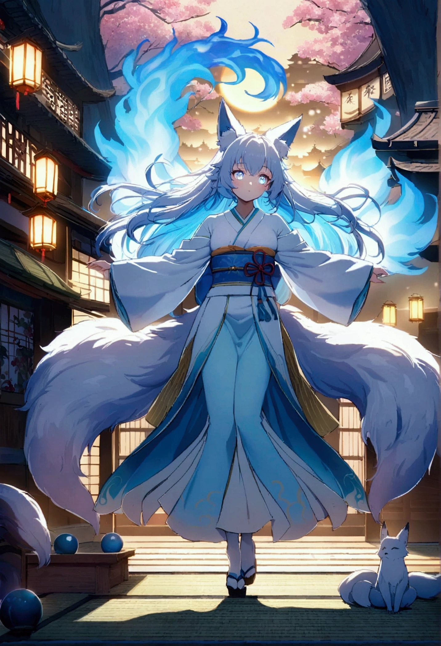 fox Light blue hair beast girl indigo fur fox beast girl fox Light blue hair beast girl indigo fur fox beast girl Wallpaper 4k,8k,highly detailled,,vivid colors,detailed kitsune with 9 tails,traditional Japanese artwork,tatami floor,beautiful cherry blossoms,floating lanterns,dark silhouette of a pagoda,subtle moonlight,dense forest,ethereal atmosphere,dappled sunlight,whimsical spirit,serene expression,elaborate kimono and obi,delicate hand-painted details,luminous eyes Anime Style fox blue White-faced golden-haired nine-tailed fox Coat blue fox Light blue hair beast girl indigo fur fox beast girl Anime Style fox blue White-faced golden-haired nine-tailed fox Coat blue mysterious background Blue Flame girl have a ball of light fox Light blue hair beast girl indigo fur fox beast girl mysterious background Blue Flame girl have a ball of light Anime Style fox blue White-faced golden-haired nine-tailed fox Coat blue mysterious background Blue Flame girl have a ball of light