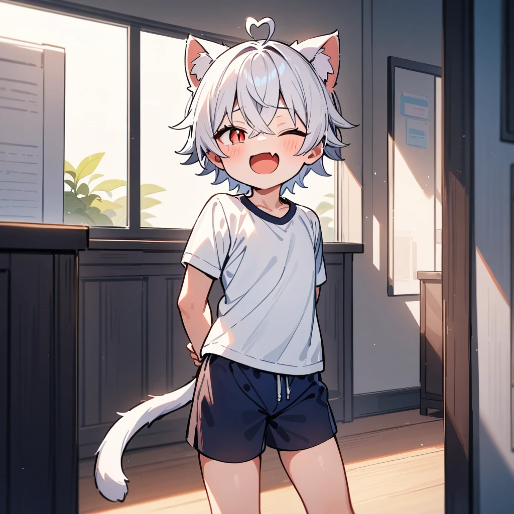 （masterpiece：1.2，high quality），4K，High resolution，A -year-boy，c boy， white hair，short hair，crossed bangs，red eyes，slit pupils，one eye closed，heart ahoge，cat ears，laughing，skin fang，Wearing a white shirt，dark blue sports shorts，Standing in the room，Next to it is the window，curtain，primary scho，cat tail，((Hands behind your back))