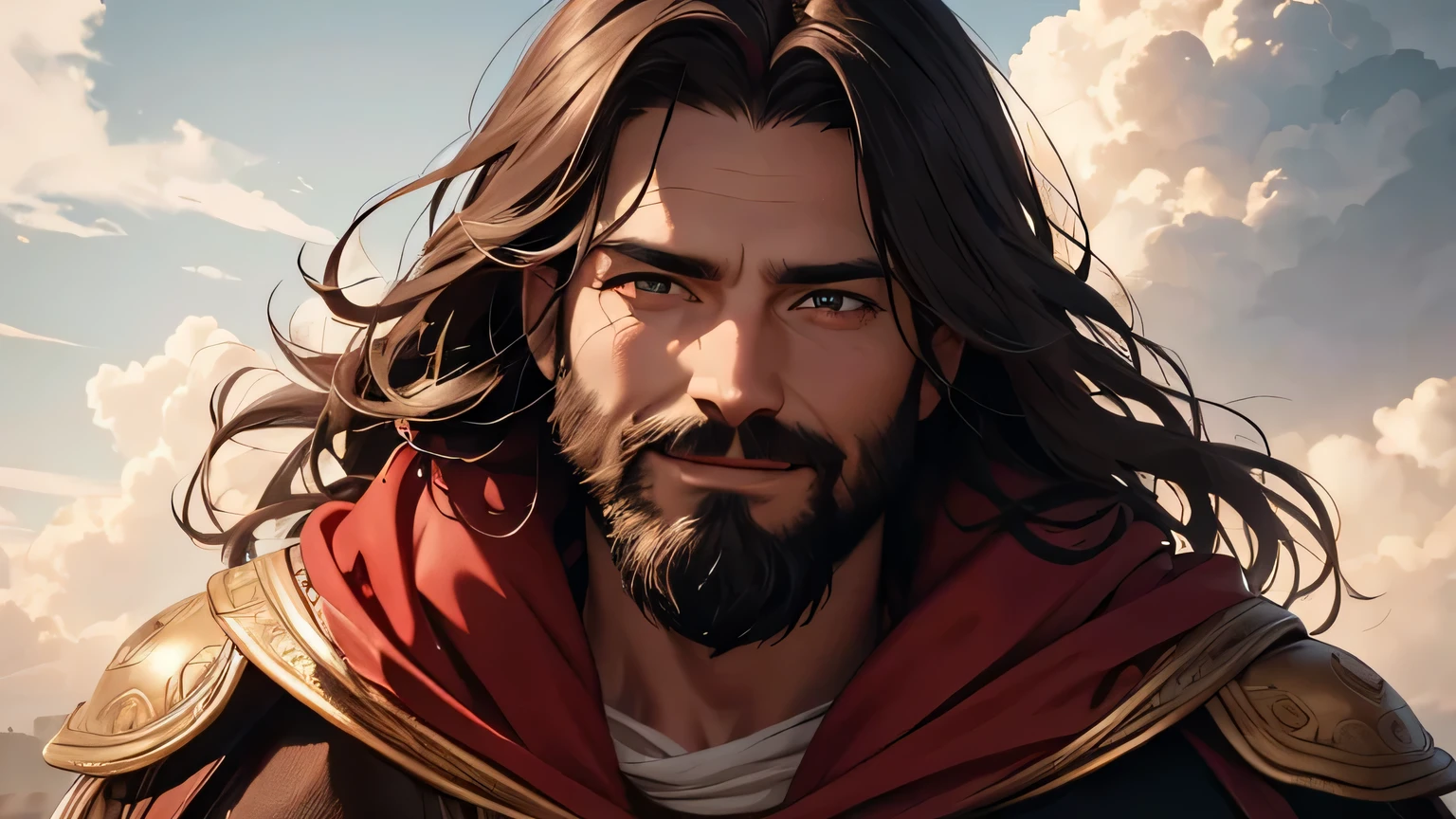 In the clouds, highly detailed photorealistic portrait of Jesus with red cape, black beard, light brown eyes, smiling, dressed in ancient Roman warrior clothing from the 4th century BC. C., standing in the clouds, spectacular lighting, cinema, digital art. hyperrealistic, 8k