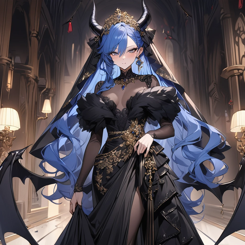 ((Highest quality)), ((masterpiece)), (detailed), (Perfect Face)、The woman was beautiful, A pitch-black demon with pitch-black skin, Evil Queen, Devil Extia. She had medium-length blue hair., She wore a gorgeous black wedding dress with gold embroidery and decoration., Black Wedding Veil, Engagement Rings, Gorgeous Accessories. She was elegant, beautiful大悪魔の女王.、beautiful, A dark-skinned demon with impressive devil horns., Devil's Wings, And the devil's tail.