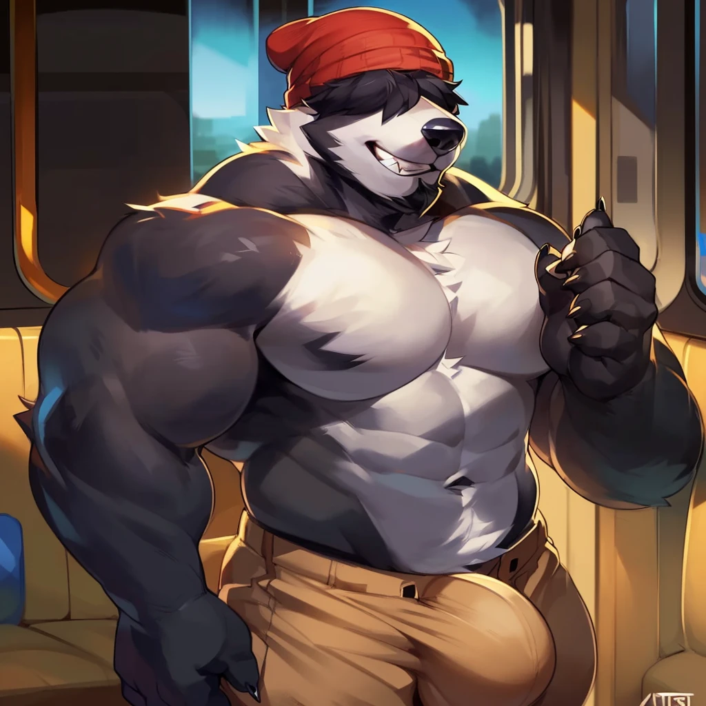 Solo, anthro, male (((badger, muscular, big pecs, abs, black body, white body, white fur, black hands, white hair, black feet, clawed hands, long snout, black nose, facial hair, bear, black ears, teeth, thin waist, red beanie, tan khaki pants, huge bulge))) standing, tank top, smirking, train, hair over eyes, obscured vision, obscured eyes, big beanie, beanie over eyes, perfect anatomy, full body, by darkgem, by mystikfox61, by glitter trap boy