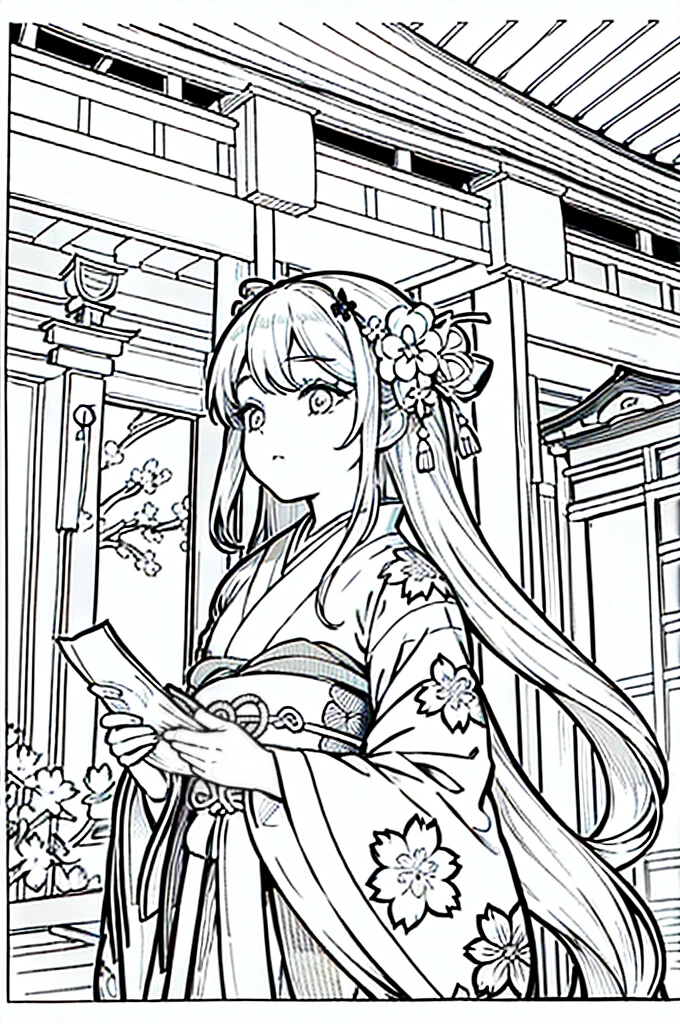 As a coloring book, the color should be black and white, the border should be simple, clear, and bold. (Beautiful Girl with long grey hair] wearing a [kimono with cherry blossom pattern] holding a [paper lantern] at the [Gion Matsuri festival] in Kyoto, Japan, with [sakura hair clips] 