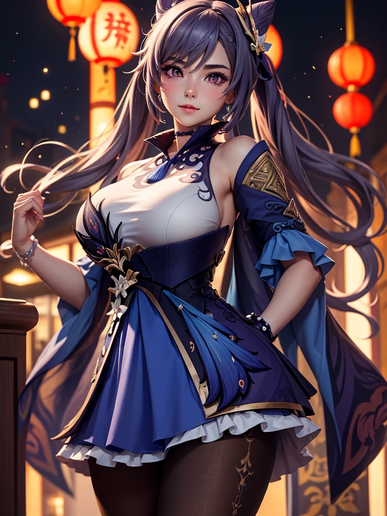 ((highly detailed)), genshin impact, keqing, perfect human hands,(great breast:1.1),relaxed pose, ((fit female)) , super perfct body curve, masterpiece, 4K, detailed, perfect face, (20 years old) language, fit figure, gorgeous perfect face, happy expression, realistic style and super detailed renderings, superrealism, super-realistic oil, contour shadow-procesull body portrait, standing, hands on waist, high res, ultrasharp, 8K, masterpiece, looking at viewer, blushing, chinese city in the background, super detailed eyes, beautifull eyes