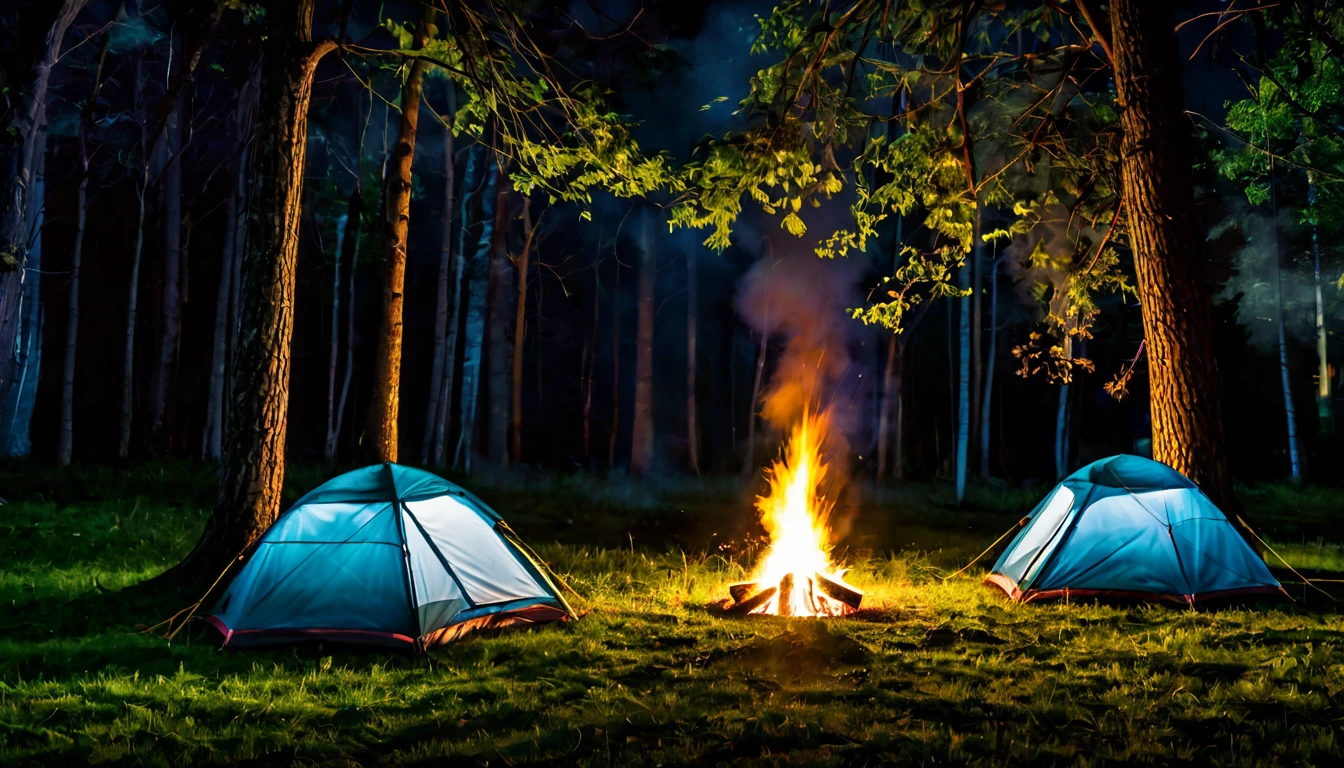 forest, dark night, two lonely camping tents on the grass between trees, bonfire, tense atmosphere