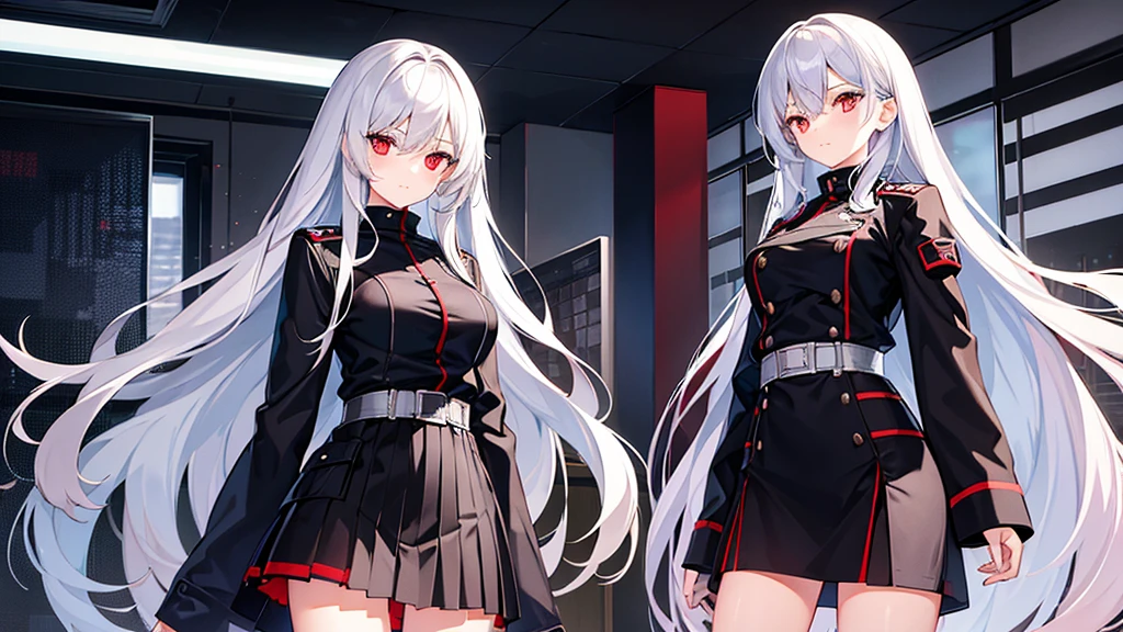 Two girls with long straight silver hair, twins, red eyes, big breasts, slim body, cool, military uniform, black mini quilt skirt, office