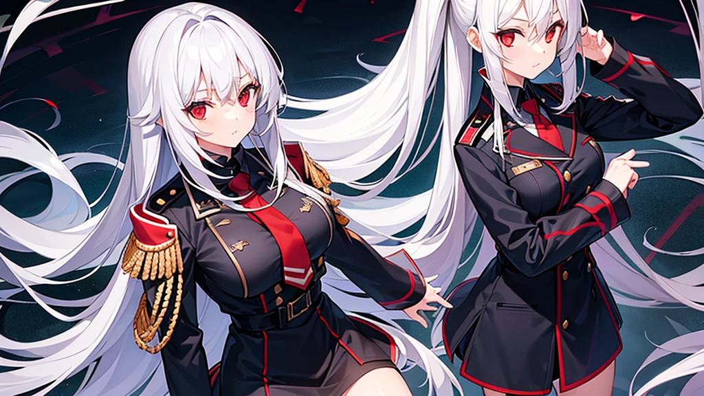 Two girls with long straight silver hair, twins, red eyes, big breasts, slim body, cool, military uniform, black mini quilt skirt, office