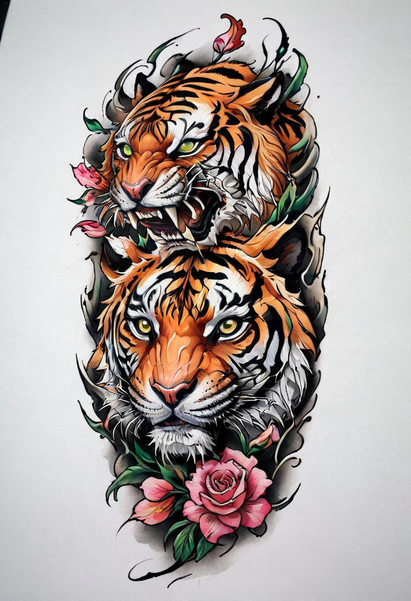 ((solo Tiger)), with a flower Tattoo designs, Tom Wennerstrand, Color illustration for tattoo, ((solo Tiger)), Highly detailed and colorful, Full-color painting, Tattoo designs, Inspired by Kameda Disaster Prevention, Inspired by Kyosai Kawanabe, Highly detailed watercolor 8k, Highly detailed watercolor 8k, (((Scratching the viewer with fierce claw))), solo tiger
