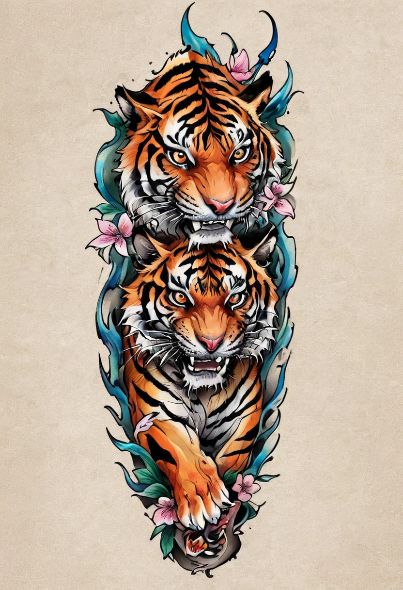 ((solo Tiger)), with a flower Tattoo designs, Tom Wennerstrand, Color illustration for tattoo, ((solo Tiger)), Highly detailed and colorful, Full-color painting, Tattoo designs, Inspired by Kameda Disaster Prevention, Inspired by Kyosai Kawanabe, Highly detailed watercolor 8k, Highly detailed watercolor 8k, (((Scratching the viewer with fierce claw))), solo tiger
