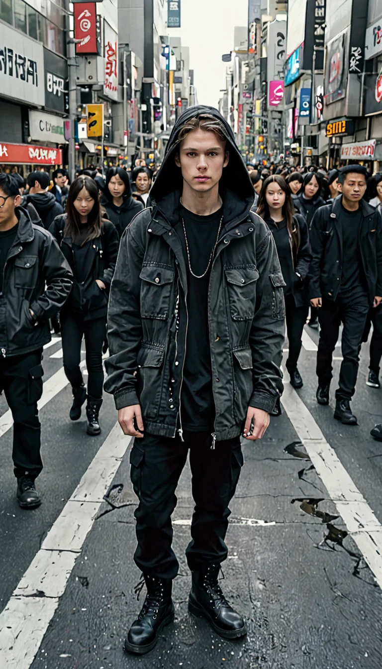 Photography, aerial view, professional model, (human ratio 1:1) standing on massive a complicated crosswalk center inspired by Shibuya scramble, stare into the camera, wearing black washing safari long jacket with black hoodie, black cargo pants, dark grey boots, realistic photographs --ar 9:16 --style raw --stylize 750 --v 6