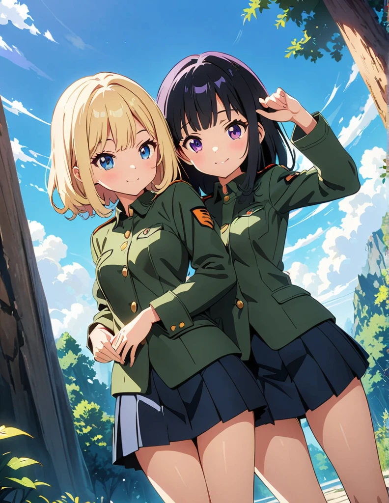 (anime artwork, anime style, studio anime, very detailed, up to date, vibrant, Anime Coloring, high contrast, masterpiece:1.2, best quality, best aesthetics),2 girl,hug from behind,army suit, pleated skirt, Medium chest, A glimpse of thighs,random hair, One eye is hidden by the bangs, perfect proportions, high detail skin, Cute, detailed faces,forest, precise fingers,panty shot ,roll over,supine pose,curvy