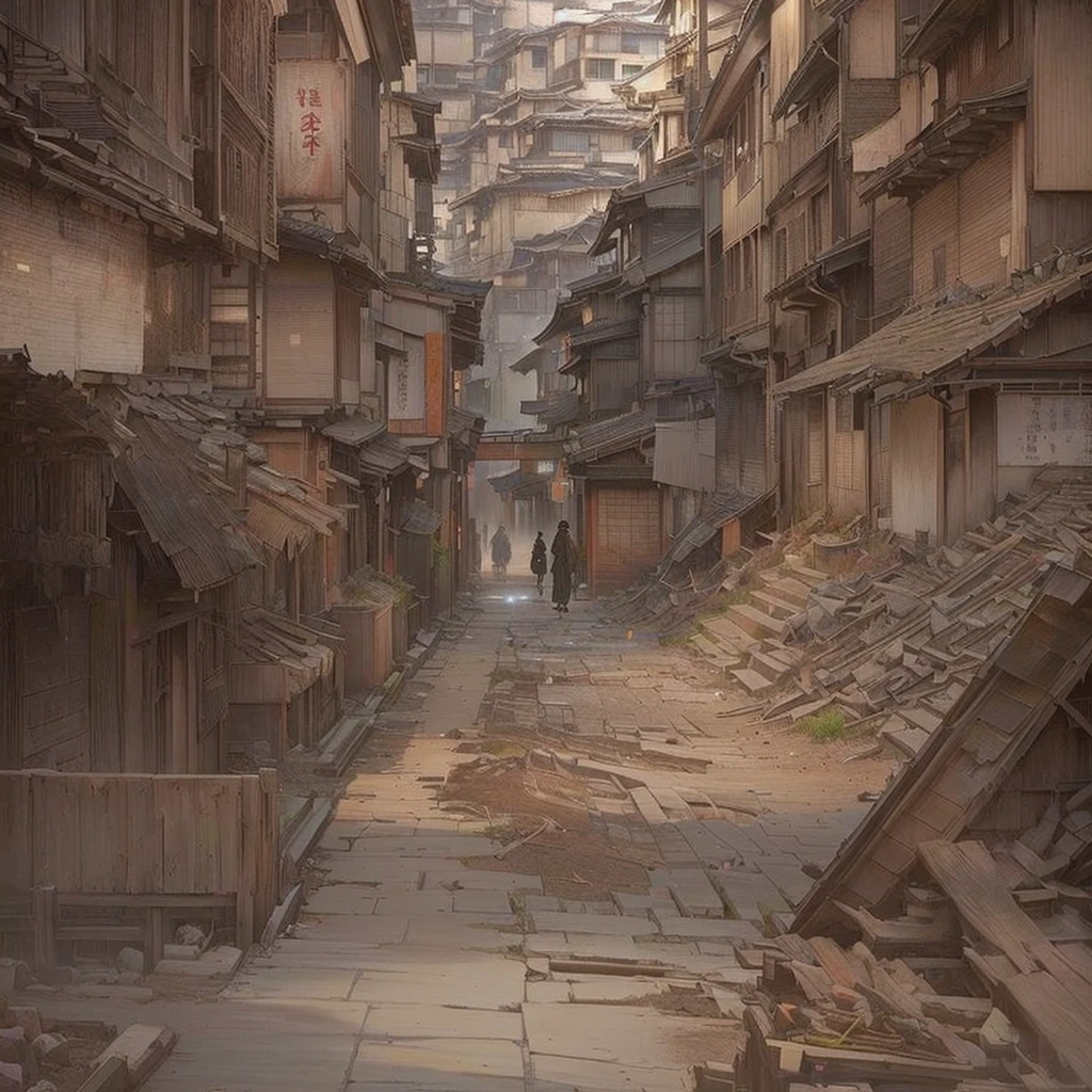 A narrow alleyway decorated with pictures of sheep, by Kamisaka Sekka, Dusty ruins of Shinjuku, disco elysium Concept Art, silent hill Concept Art, The ancient street behind her, Luan Jia, Post-apocalyptic Tokyo, award winning Concept Artist, Concept Art for a video game, Concept Art, professional Concept Art, Concept Art , Highly rendered blazing flames, fire, crowd, throng, freezing, mother warming her baby.Scenery and Cityscape in the Early Meiji Era After the Meiji Restoration, Japan underwent rapid modernization and civilization. Consequently, many changes and reforms occurred. Below is a detailed explanation of the scenery, appearance of the poor, occupations, and cityscapes in the early Meiji period (1868 to the early 1880s). 2. Appearance of the Poor Life for the impoverished and lower classes remained harsh. In particular, in urban areas, people migrated from rural areas or unemployed artisans gathered, intensifying competition in the labor market. Many of them struggled with poverty, often residing in slums or around temples. 3. Occupations Meiji early Japan witnessed a diversification of occupations. Traditional agriculture and handicrafts were accompanied by the rise of modern industry and commerce. Particularly in urban areas, factory workers, shop clerks, and transporters increased, giving rise to new professions. However, many in these occupations endured harsh working conditions. 4. Influence of Civilization and Enlightenment During the Meiji era, Western cultural influences spread rapidly. Changes in clothing, dietary habits, and the proliferation of Western-style architecture advanced, especially in urban areas. Conversely, this development posed a threat to traditional culture and lifestyles, resulting in societal upheaval and adaptation challenges. 5. Social Change and Policy Influence While promoting modernization policies, the government also addressed poverty and social issues. Legislation for labor protection and charitable activities to aid the poor were implemented. Nevertheless, living conditions for the impoverished scarcely improved. The early