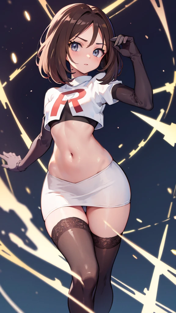 pokemon Cinthia ,pokemon Cinthia brown eyes, by rubio , by the wide (small breasts:1.2),
Team Rocket,Team Rocket uniform, red letter R, White skirt,White crop top,black thigh high stockings,black elbow length gloves BREAK looking at viewer,
BREAK (masterpiece:1.2), Best Quality, High resolution, unity wallpaper 8k, (illustration:0.8), (beautiful detailed eyes:1.6), extremely detailed face, perfect lighting, Extremely detailed CG, (perfect hands, perfect anatomy),( with a Pokeball in hand)