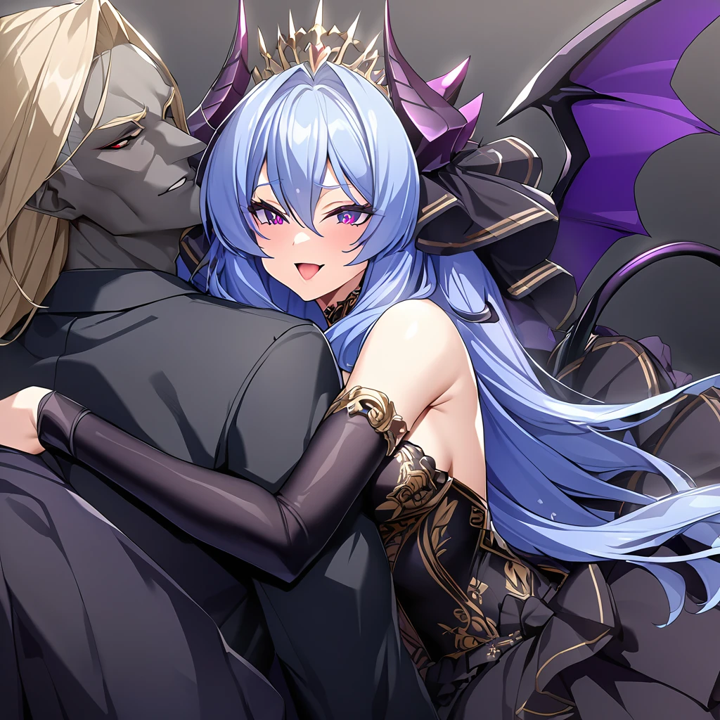 ((Highest quality)), ((masterpiece)), (detailed), （Perfect Face）、A woman is hugging and kissing a great, strong, evil demon king man.、The woman is a beautiful, jet-black female demon, the queen of evil, Devil Extia, with jet-black skin, medium-long blue hair, wearing a luxurious black wedding dress with gold embroidery and trim, a black wedding veil, an engagement ring, and luxurious accessories. She is an elegant, beautiful female demon, the queen of evil.、A great demon with jet black skin, impressive devil horns, devil wings and a devil tail.、The woman looks happy、The man is a great and powerful demon king.、The woman is the favorite of the majestic demon king.