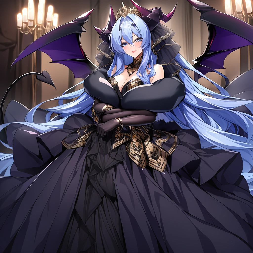 ((Highest quality)), ((masterpiece)), (detailed), (Perfect Face)、A woman is hugging and kissing a great, strong, evil demon king man.、The woman is a beautiful, jet-black female demon, the queen of evil, Devil Extia, with jet-black skin, medium-long blue hair, wearing a luxurious black wedding dress with gold embroidery and trim, a black wedding veil, an engagement ring, and luxurious accessories. She is an elegant, beautiful female demon, the queen of evil.、A great demon with jet black skin, impressive devil horns, devil wings and a devil tail.、The woman looks happy、The man is a great and powerful demon king.、The woman is the favorite of the majestic demon king.