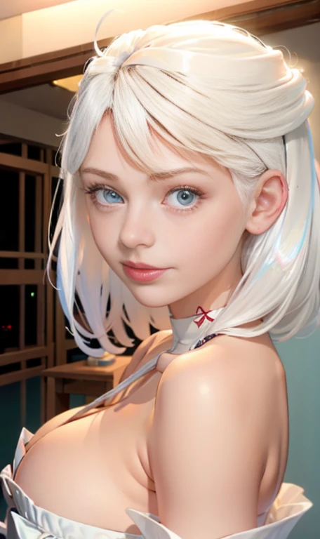 Photo of a 15 year-old European girl, .RAW, beautiful woman , largo White hair , White hair , albino girl ,((portrait)), ((detailed face:1.2)), ((detailed facial features)), (finely detailed skin), Varied background , blue eyes , 、(cool color), humid, humid, ReFlectoreasutepiece) (perfect proportions realistic photos)(The best quality) (detailed) photographed with a Canon EOS R5, 50mm lens, f/2.8, NffSW, (8k) (wallpaper) (cinematic lighting) (Dramatic lighting) (sharp focus) (Convoluted) thin  , thinl breasts , freckles on cheeks , Whole body , beautiful woman body , posing sexy  , posing brightly from the front for the camera , cute makeup , big smile , Red lips , albino girl , by white , White hair , santa claus dress