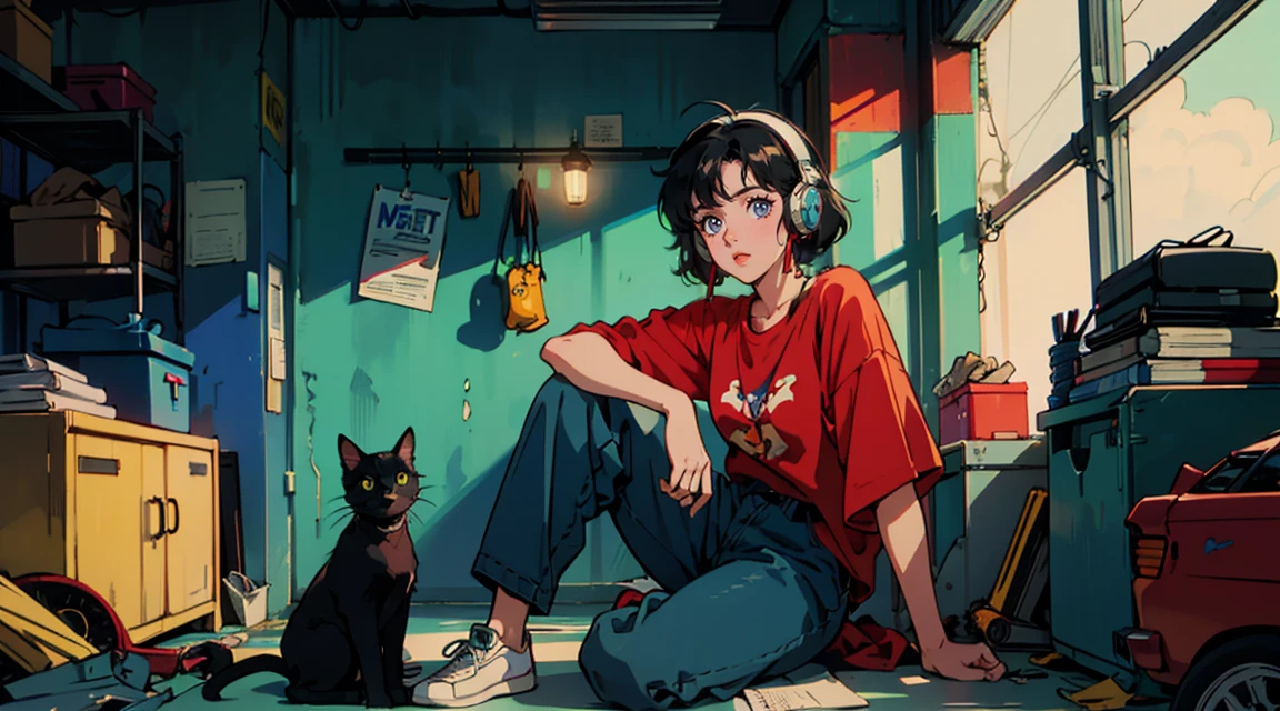 Anime-style girl with short, wavy hair and large expressive eyes, wearing casual clothes and red headphones. She is sitting in front of a vintage blue Porsche 911 in a cluttered garage. The garage has neon lights, colorful posters, and various tools scattered around. The black cat sits beside her, adding to the nostalgic 80s city pop vibe.