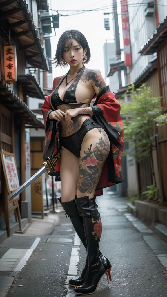 Beautiful Chinese woman, (16 years old), cute face, red lips, white moist skin, moles, under-eye bags,
BREAK,
Feminine body with high athletic ability, Body of a female fitness model, Feminine body with hard tones, (Muscles: 1.2), (Beautiful belly button),
BREAK,
Fighter, Kung Fu fighter, Idol,
BREAK,
(Wearing a cute kimono: 1.3), (Kimono with a high degree of exposure), (Stiletto heel boots 1.3), necklace, very large earrings, short length,
BREAK,
Short hair, (Short bob hair), (Bangs: 1.2), (Colorful hair: 1.3), (Wavy hair),
BREAK,
(Very large Japanese sword: 1.4), (Holding the handle of a Japanese sword: 1.3), (Raising a very large Japanese sword: 1.2), (Getting into a fighting stance), (Japanese sword with a beautiful blade: 1.2)
BREAK,
(Japanese tattoo: 1.4),
BREAK,
Masterpiece, Perfect lighting, Ultra high resolution, 8K, (Very detailed: 1.4), (From the front), Looking at the camera, Melancholic expression,
BREAK,
(Tokyo city, lots of people in the background: 1.2), Shibuya city background in Tokyo, Japan,