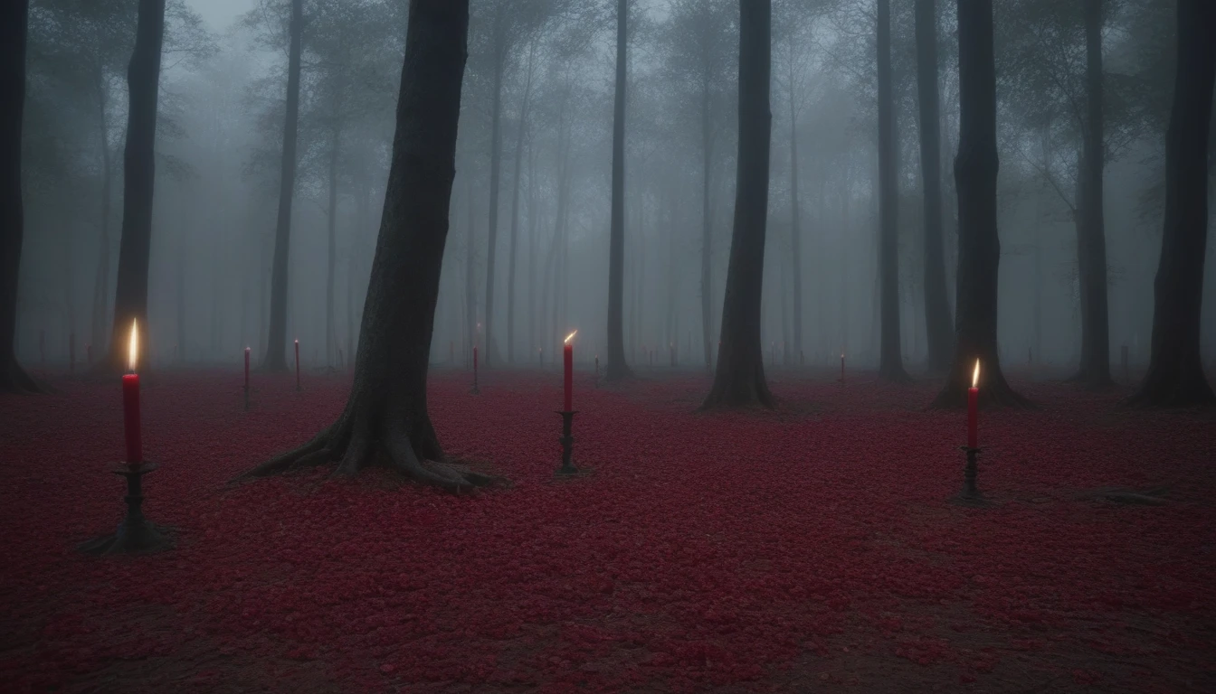 gloomy forest with scattered red roses, candles gently lighting, gloomy weather, horor, ultra detali, high qualiy, 4K , cinematographic