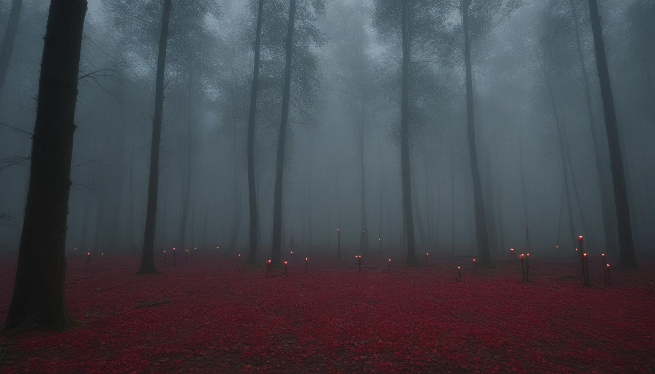 gloomy forest with scattered red roses, candles gently lighting, gloomy weather, horor, ultra detali, high qualiy, 4K , cinematographic