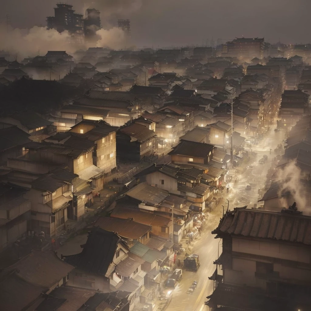 A picture of a city with many buildings and a clock tower, Luan Jia, Tibor Nagy, Inspired by Chung Fenghua, Written by Li Tiefu, Written by Zou Zhe, イスマイル・インチェオグルとLuan Jia, Painterly concept art, by Shimo, Carl Kopinski, Blazing flames by Nie Yuanlu, fire, crowd, throng, freezing, mother warming her baby.Scenery and Cityscape in the Early Meiji Era After the Meiji Restoration, Japan underwent rapid modernization and civilization. Consequently, many changes and reforms occurred. Below is a detailed explanation of the scenery, appearance of the poor, occupations, and cityscapes in the early Meiji period (1868 to the early 1880s). 2. Appearance of the Poor Life for the impoverished and lower classes remained harsh. In particular, in urban areas, people migrated from rural areas or unemployed artisans gathered, intensifying competition in the labor market. Many of them struggled with poverty, often residing in slums or around temples. 3. Occupations Meiji early Japan witnessed a diversification of occupations. Traditional agriculture and handicrafts were accompanied by the rise of modern industry and commerce. Particularly in urban areas, factory workers, shop clerks, and transporters increased, giving rise to new professions. However, many in these occupations endured harsh working conditions. 4. Influence of Civilization and Enlightenment During the Meiji era, Western cultural influences spread rapidly. Changes in clothing, dietary habits, and the proliferation of Western-style architecture advanced, especially in urban areas. Conversely, this development posed a threat to traditional culture and lifestyles, resulting in societal upheaval and adaptation challenges. 5. Social Change and Policy Influence While promoting modernization policies, the government also addressed poverty and social issues. Legislation for labor protection and charitable activities to aid the poor were implemented. Nevertheless, living conditions for the impoverished scarcely improved. The early Meiji period marked a rapid transformation in Japan, with complex social landscapes involving challeng