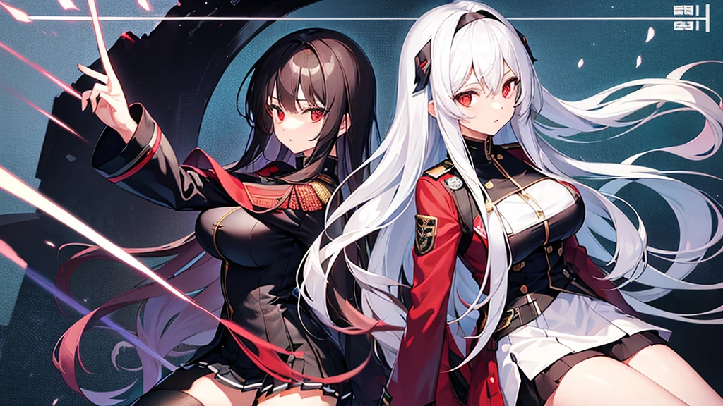 Two girls with long straight silver hair, twins, red eyes, big breasts, slim body, cool, military uniform, black mini quilt skirt, armory