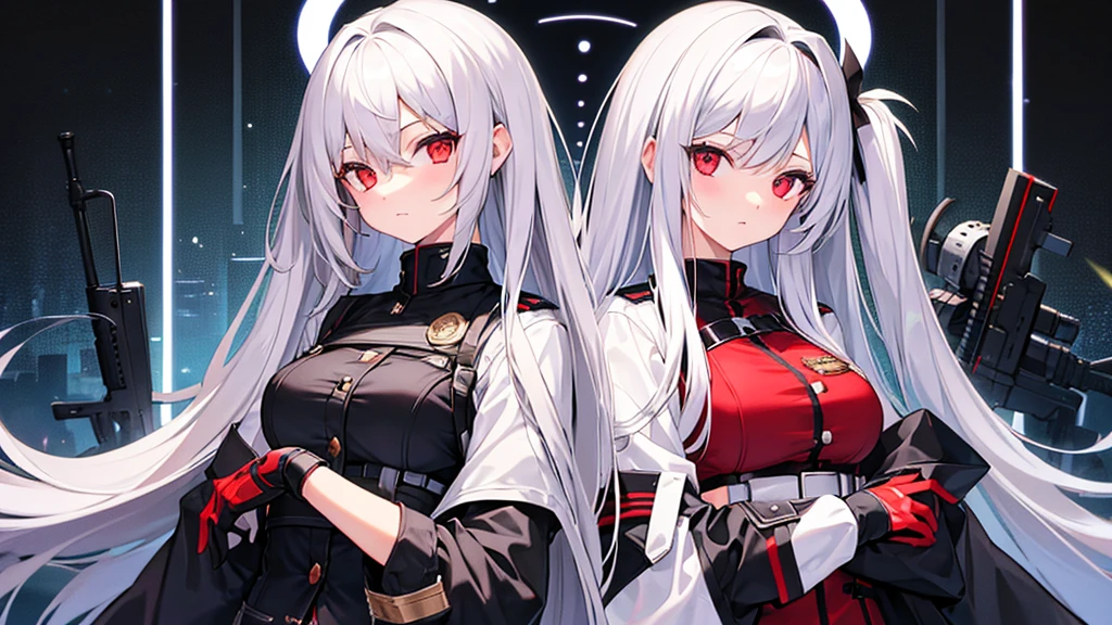 Two girls with long straight silver hair, twins, red eyes, big breasts, slim body, cool, military uniform, black mini quilt skirt, armory