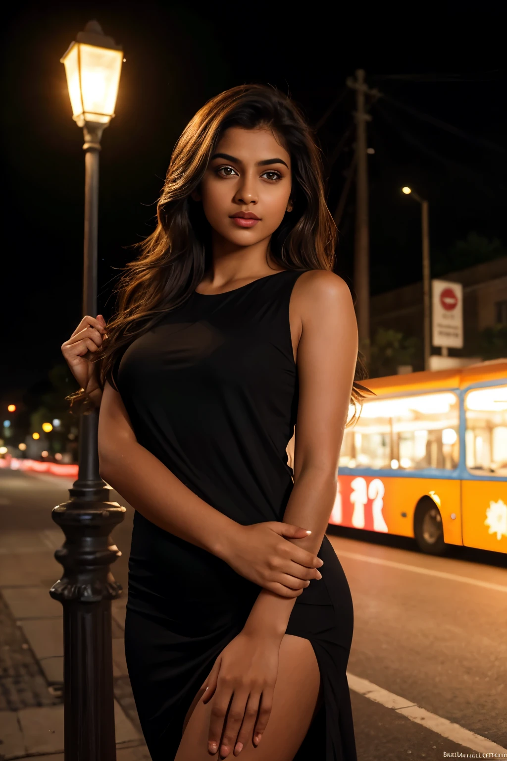 Portrait of A confident-looking indian girl with long flowing hair, hazel eyes, perfect composition, hyperrealistic, super detailed, 8k, high quality, trending art, looking for a love amd passion, night light, lamp post