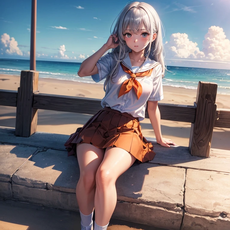 ((masterpiece)), ((best quality)), ((High resolution)), ((Extremely detailed CG unified 8K wallpaper)), alone, Orange, Tan school uniform, Black skirt, White socks, outdoor, Face, cover hair, beach, parted hair, silver hair