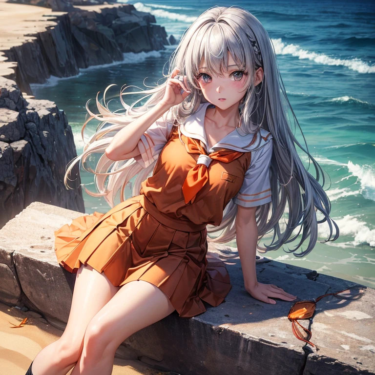 ((masterpiece)), ((best quality)), ((High resolution)), ((Extremely detailed CG unified 8K wallpaper)), alone, Orange, Tan school uniform, Black skirt, White socks, outdoor, Face, cover hair, beach, parted hair, silver hair
