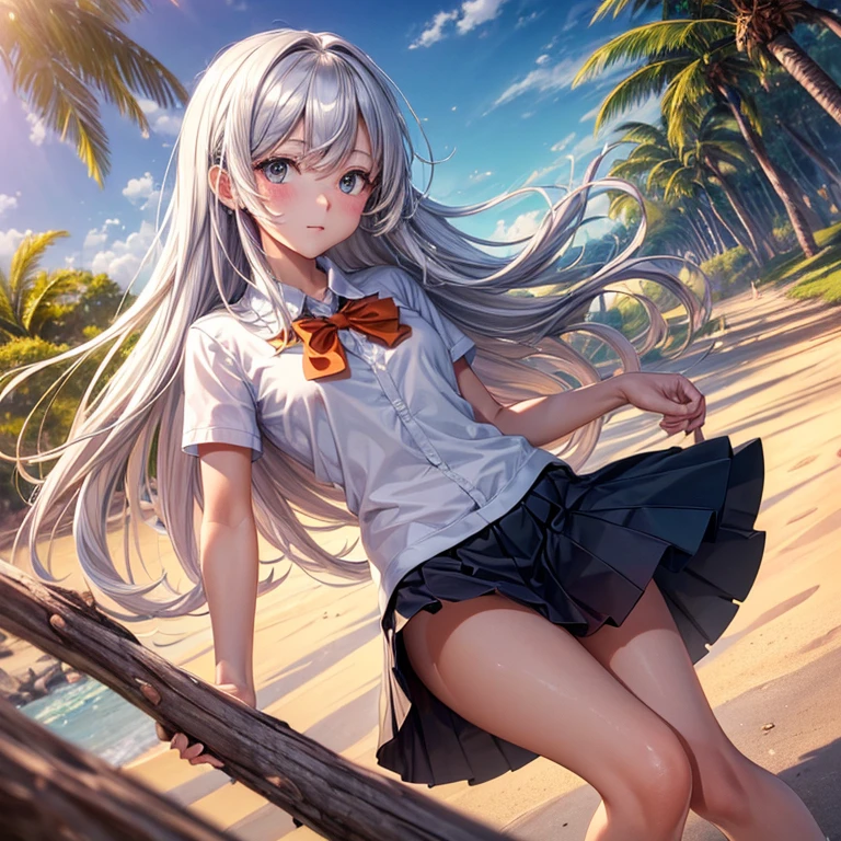 ((masterpiece)), ((best quality)), ((High resolution)), ((Extremely detailed CG unified 8K wallpaper)), alone, Orange, Tan school uniform, Black skirt, White socks, outdoor, Face, cover hair, beach, parted hair, silver hair