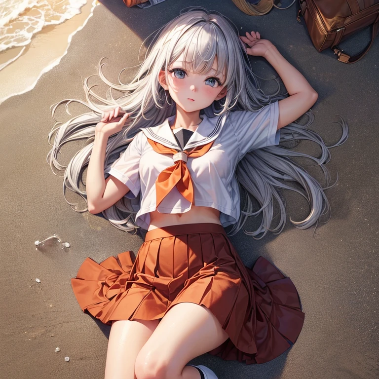 ((masterpiece)), ((best quality)), ((High resolution)), ((Extremely detailed CG unified 8K wallpaper)), alone, Orange, Tan school uniform, Black skirt, White socks, outdoor, Face, cover hair, beach, parted hair, silver hair